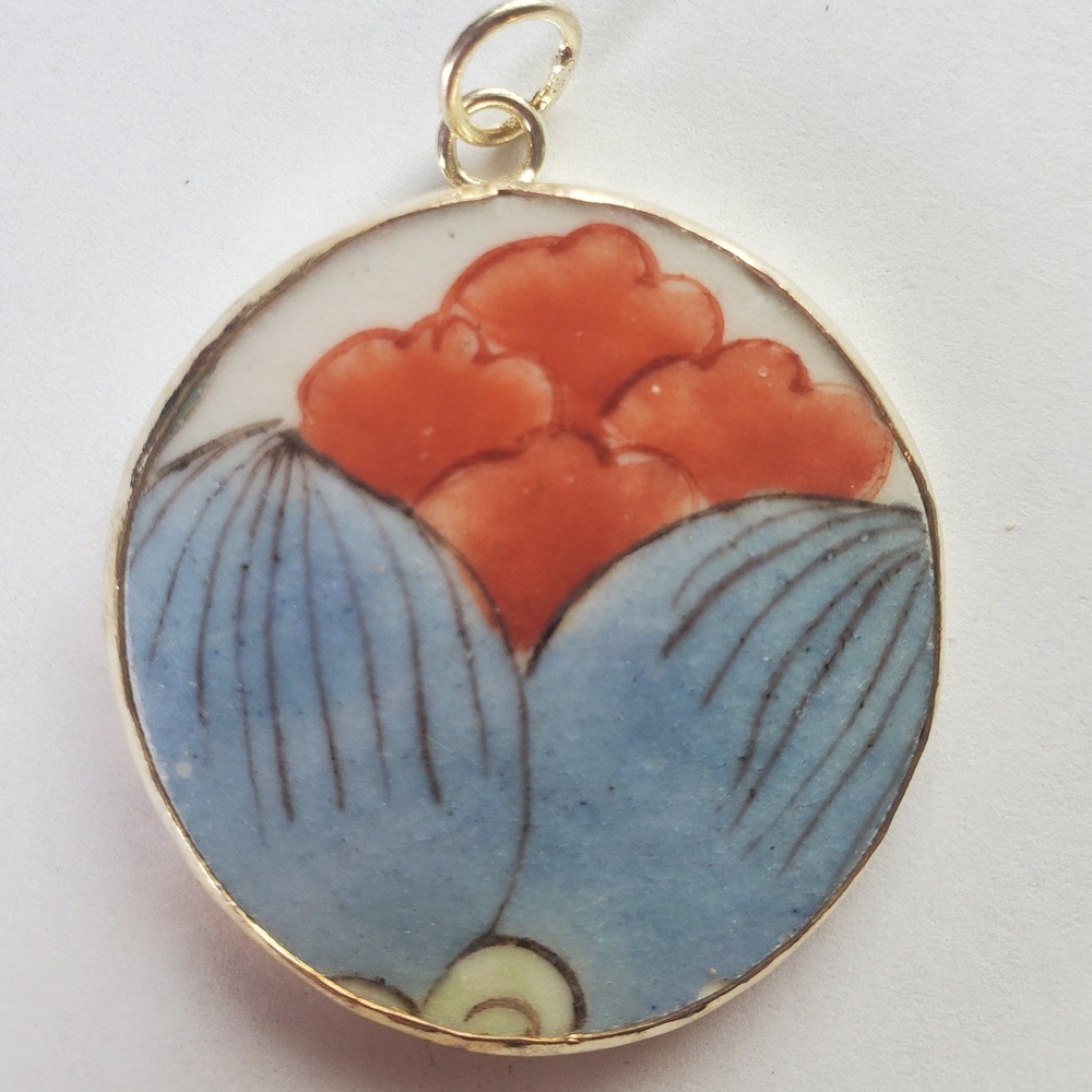 Vintage Hand Painted Porcelain Floral Round Pendant Blue Orange Pottery Shard - Picture 10 of 10